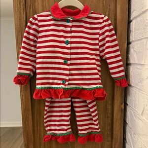 Striped Red and White Pajama Set with Green Trim
